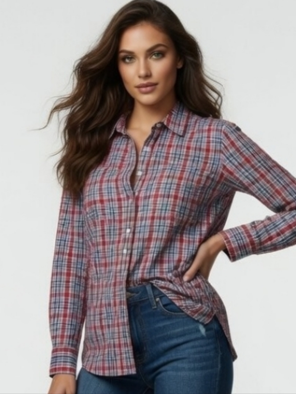 Chaps Red and Blue Plaid Cotton Button Shirt (SIZE:XL)